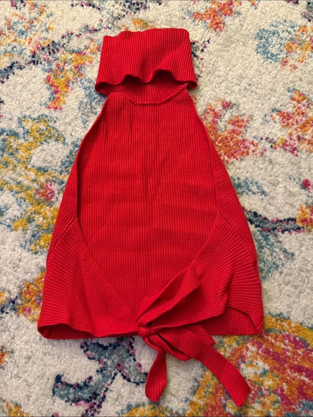 Red Ribbed Knit Halter Top - Open Back